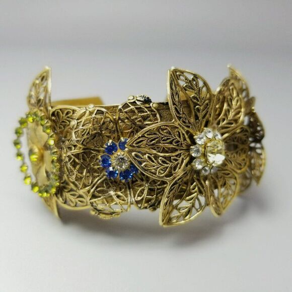 Vintage Blue Green Rhinestone Flower Filigree Cuff Bangle Bracelet, Gold Tone - Picture 9 of 9